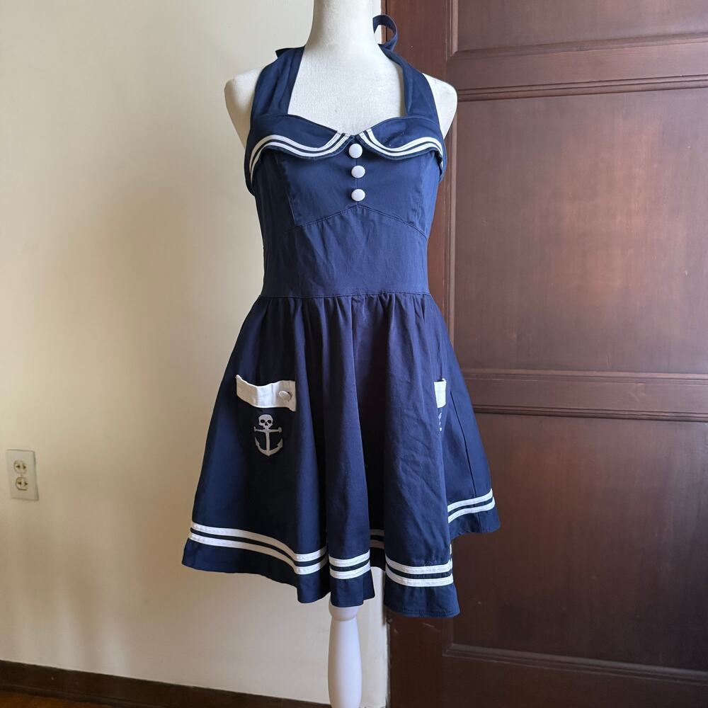 HELL BUNNY Vixen | Navy Blue Motley Sailor Style Dress with Pockets | Large